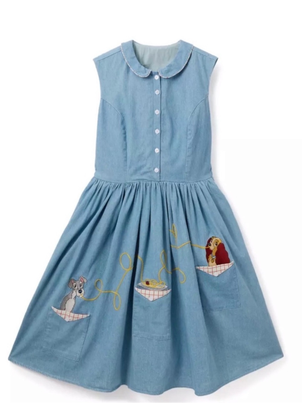 Disney Light Blue Denim Peter Pan Collar Midi Dress with Embroidered Characters
